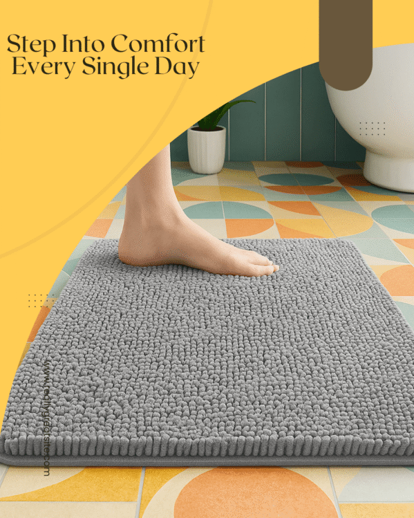 grey chenille non-slip quick dry bath mat with rubber backing