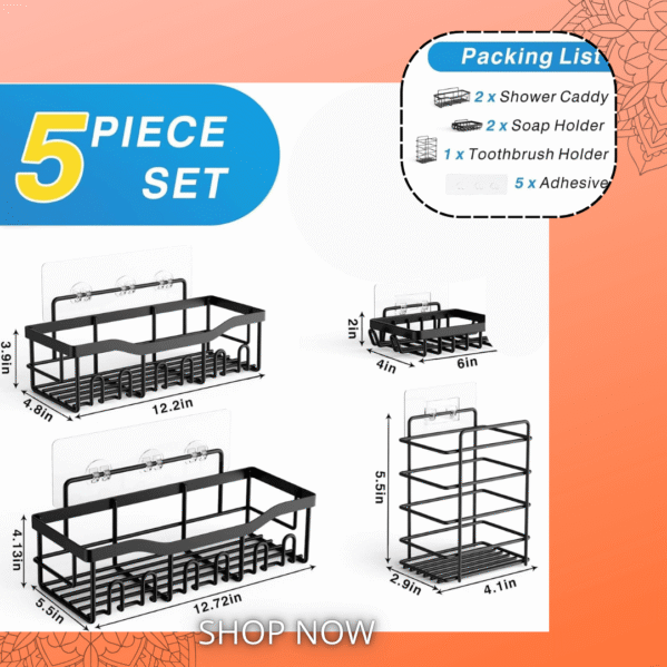 Adhesive Shower Caddy (5-Pack) | Rustproof No-Drill Bathroom Shelves Organizer