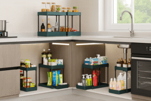 sliding under sink pull out organizer for kitchen & bathroom cabinets