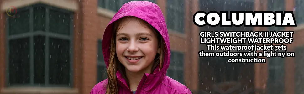 Lightweight waterproof rain jacket for girls in bright pink color