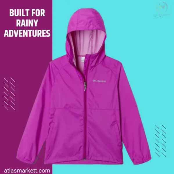 Elastic cuffs and drop tail shown on the Lightweight Waterproof Rain Jacket for Girls