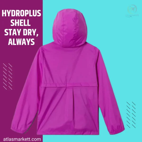 View of the Lightweight Waterproof Rain Jacket for Girls showing hood and length