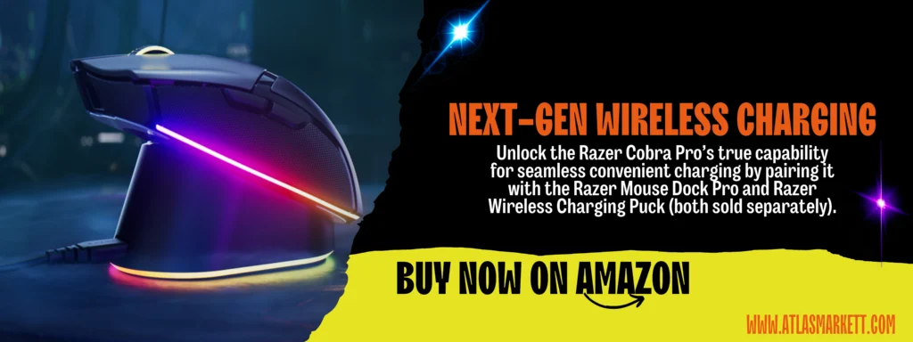 Razer Cobra Pro Wireless Gaming Mouse paired with next-gen wireless charging using Razer Mouse Dock Pro and Charging Puck