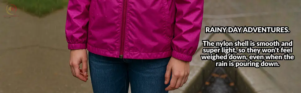 Close-up shot of zipper and hood details on the Lightweight Waterproof Rain Jacket for Girls