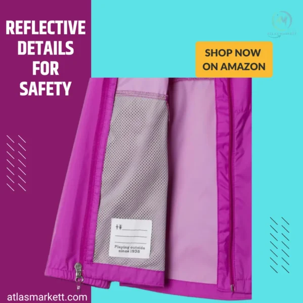 Close-up shot of zipper and hood details on the Lightweight Waterproof Rain Jacket for Girls