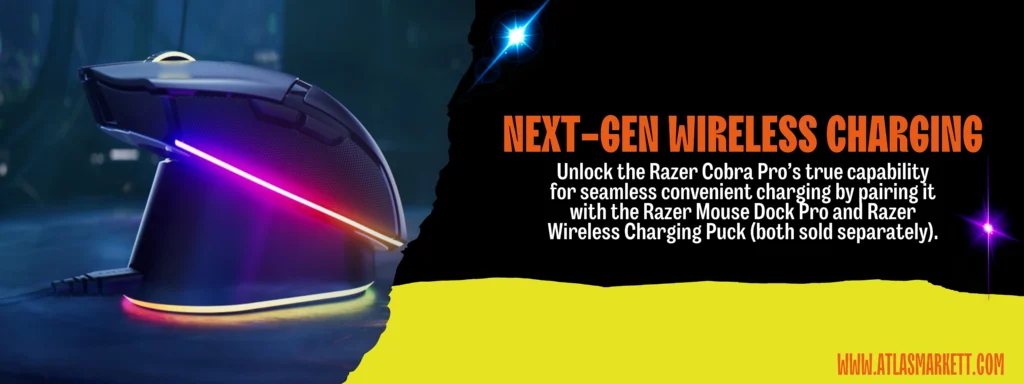 Razer Cobra Pro Wireless Gaming Mouse paired with next-gen wireless charging using Razer Mouse Dock Pro and Charging Puck