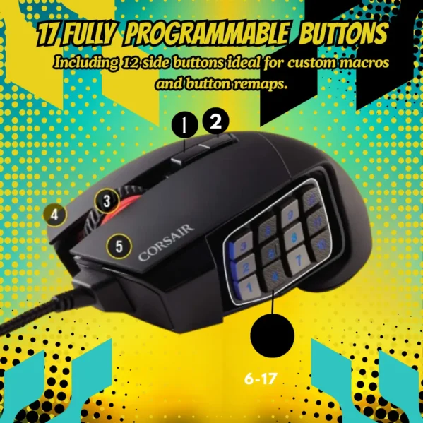 Corsair Scimitar RGB Elite gaming mouse with 17 programmable buttons and 18K DPI for MMO & MOBA