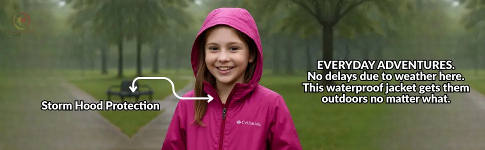 Lightweight Waterproof Rain Jacket for Girls worn by a young schoolgirl outdoors