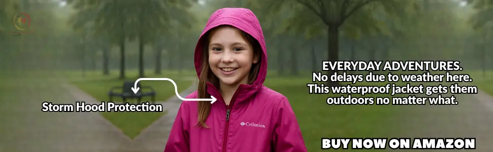 Lightweight Waterproof Rain Jacket for Girls worn by a young schoolgirl outdoors