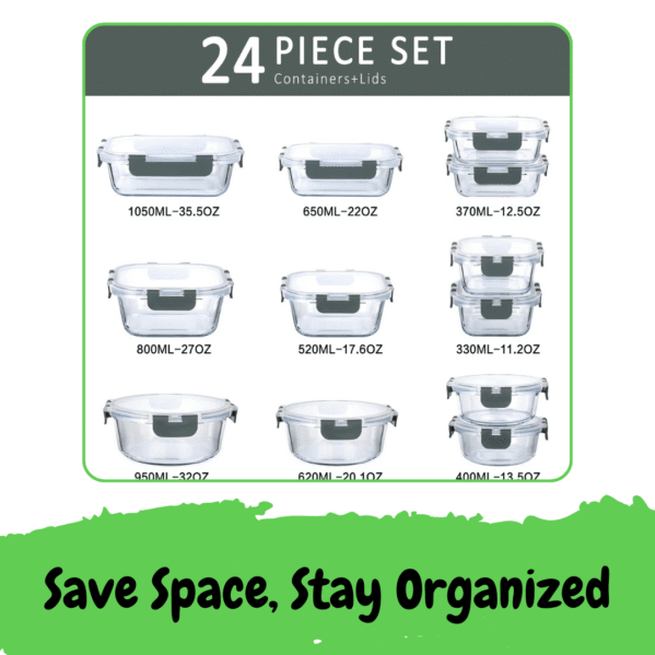 24-Piece Glass Meal Prep Set – Airtight Oven & Freezer Safe