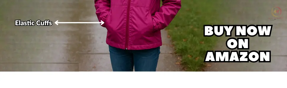 Elastic cuffs and drop tail shown on the Lightweight Waterproof Rain Jacket for Girls