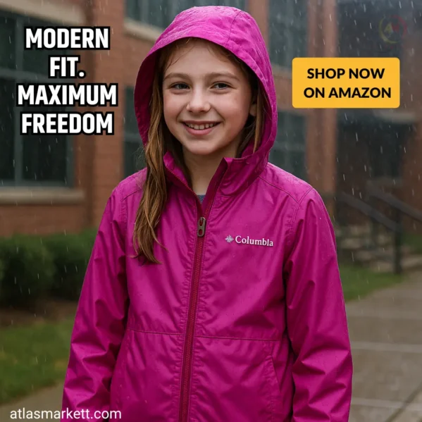 Elastic cuffs and drop tail shown on the Lightweight Waterproof Rain Jacket for Girls