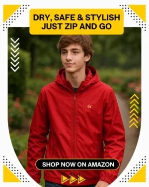 A teenage boy wearing the Best Waterproof Raincoat for Kids Lightweight Hooded Jacket, standing outdoors on a rainy day, showcasing style and weather protection.