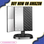 Vanity Mirror Wooden with LED Lights & 2X Magnification showing tri-fold design for precise makeup