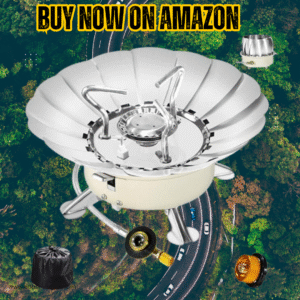 Windproof Camping Stove with Piezo Ignition Portable Gas Burner for outdoor cooking with lotus-shaped windshield
