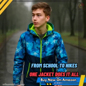 Kids Waterproof Rain Jacket Lightweight Hooded & Fleece Lined, front view showcasing full-length design on a child