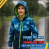 Kids Waterproof Rain Jacket Lightweight Hooded & Fleece Lined, child wearing jacket with hood up, ready for rain