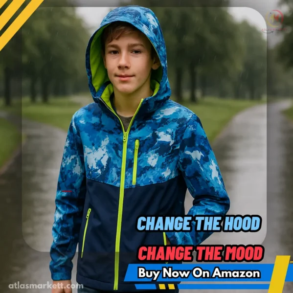 Kids Waterproof Rain Jacket Lightweight Hooded & Fleece Lined, child wearing jacket with hood up, ready for rain