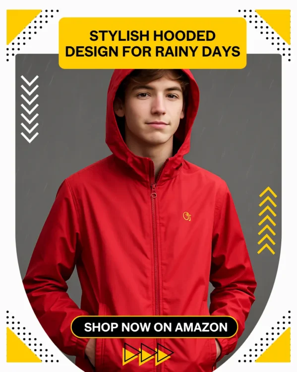 Teenage boy wearing a red hooded raincoat standing in an outdoor setting on a rainy day – Best Waterproof Raincoat for Kids Lightweight Hooded Jacket