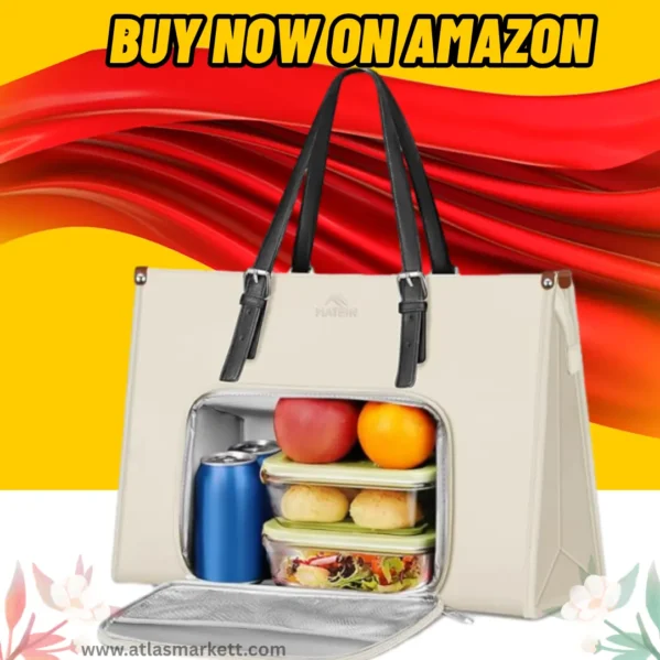 Laptop Tote Bag Women 15.6 Waterproof PU Leather with Lunch side view highlighting insulated lunch compartment