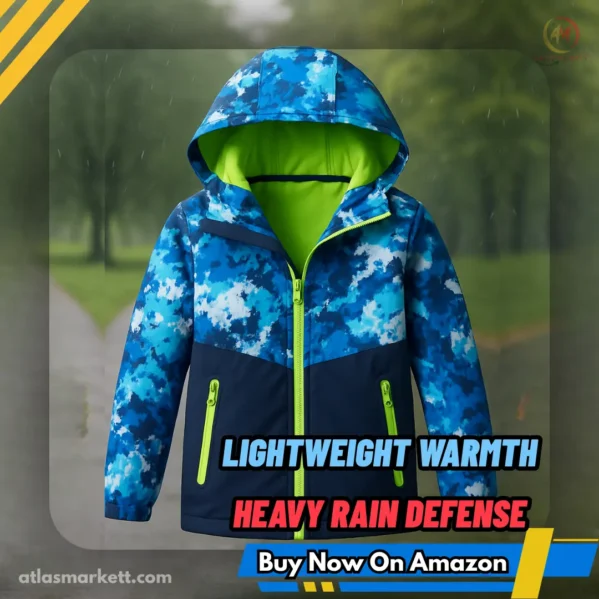 Kids Waterproof Rain Jacket Lightweight Hooded & Fleece Lined, perfect slim fit displayed for active outdoor wear