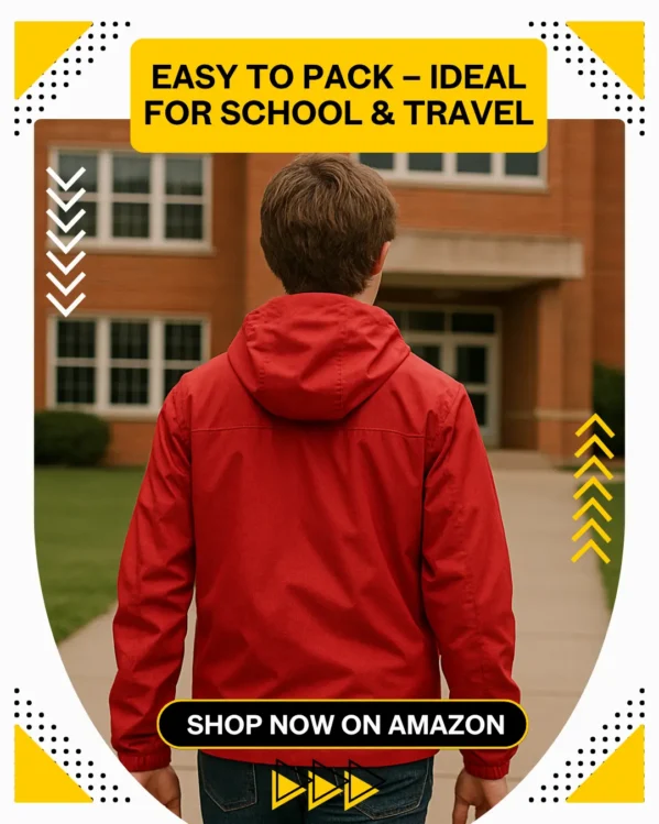 Back view of a teenage boy wearing a red waterproof jacket, heading towards a school building – Best Waterproof Raincoat for Kids Lightweight Hooded Jacket
