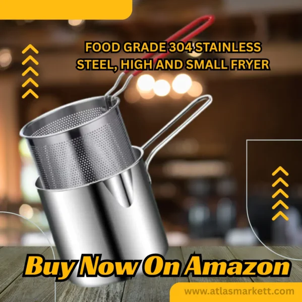 Mini Stainless Steel Deep Fryer Pot 1200ml with Basket side view showing long anti scald handle