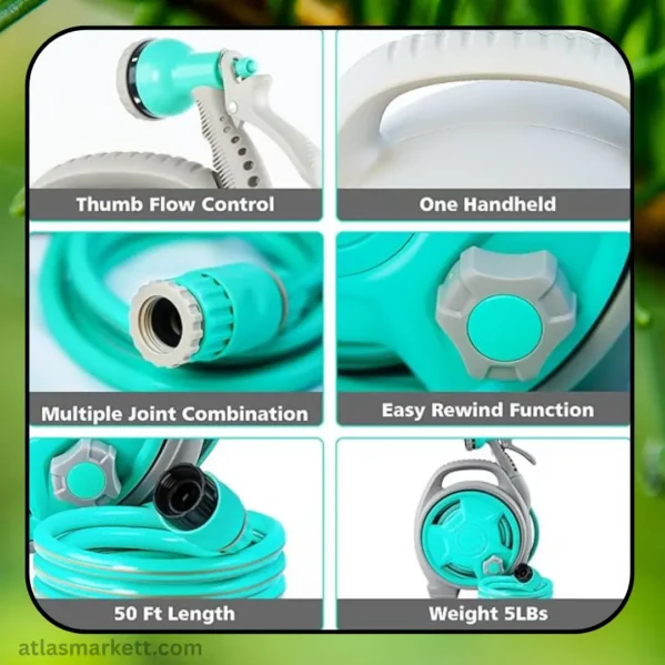 Retractable Garden Hose Reel 50FT with 7-Function Sprayer – Compact Space-Saving Design