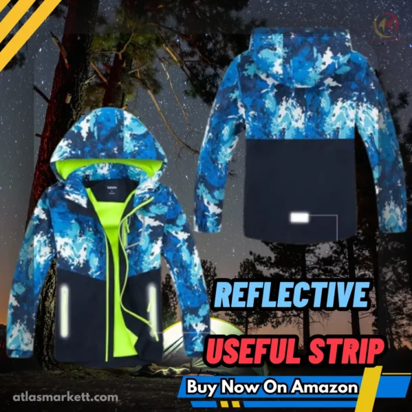 Kids Waterproof Rain Jacket Lightweight Hooded & Fleece Lined, front and back views at night with reflective safety strip clearly visible