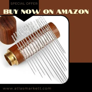 Self-Threading Sewing Needles Set with Wooden Case – 30 Pcs displayed with premium wooden storage box