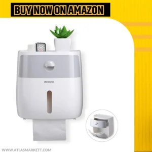 Waterproof Toilet Roll Holder with Cover & Storage Box mounted on bathroom wall
