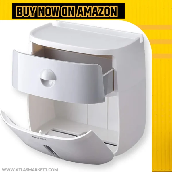 Waterproof Toilet Roll Holder with Cover & Storage Box showing built-in storage shelf