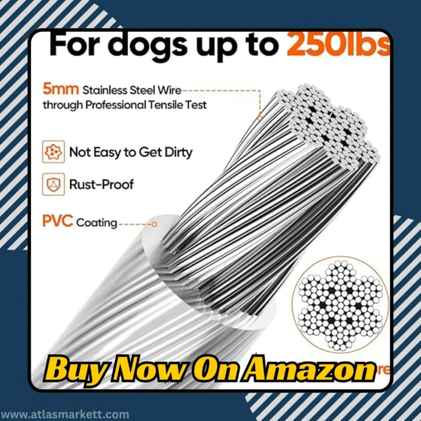 15ft Dog Tie Out Cable Heavy Duty Reflective Lead for Yard showing anti-bite coating