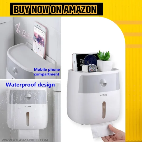 Waterproof Toilet Roll Holder with Cover & Storage Box with dustproof waterproof cover closed