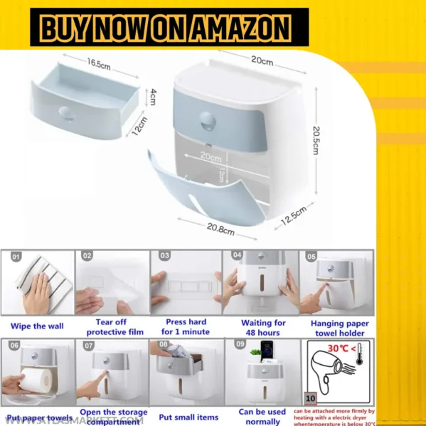 Waterproof Toilet Roll Holder with Cover & Storage Box holding soaps and small toiletries