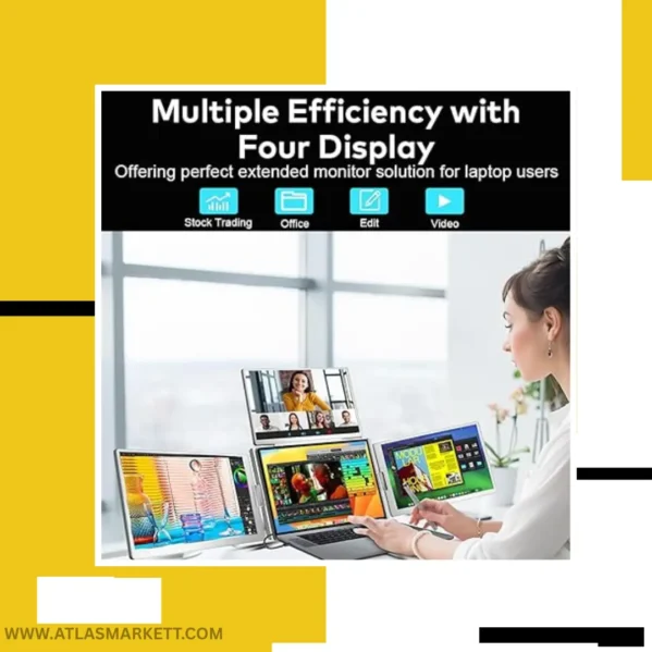 Foldable 16-inch portable triple monitor connected to laptop