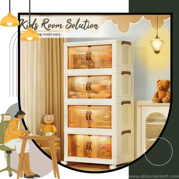 Foldable 4-Tier Plastic Cupboard with Wheels for Home Office Kids – compact cupboard for small spaces
