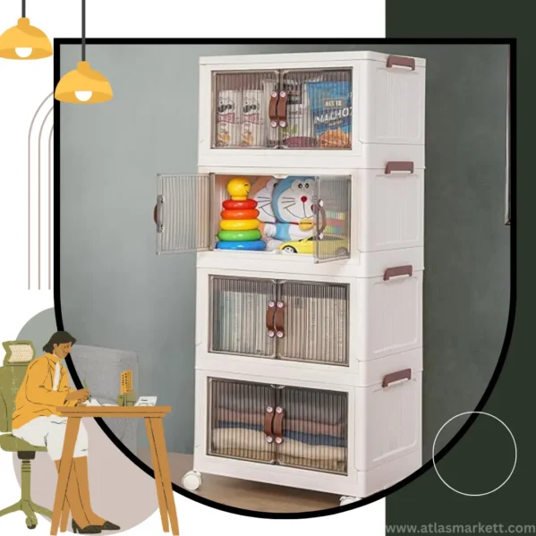 Foldable 4-Tier Plastic Cupboard with Wheels for Home Office Kids – durable storage cabinet design