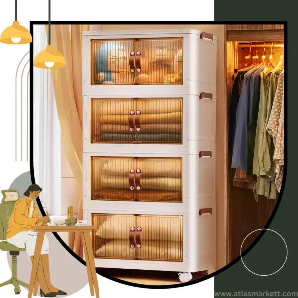 Foldable 4-Tier Plastic Cupboard with Wheels for Home Office Kids – modern plastic wardrobe with wheels