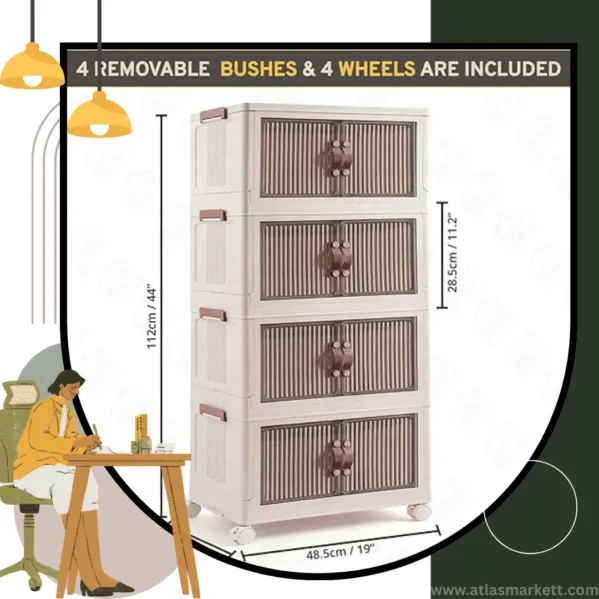 Foldable 4-Tier Plastic Cupboard with Wheels for Home Office Kids – multipurpose storage for clothes and toys