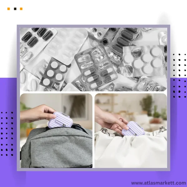 Travel Pill Organizer with Labels 7-Day Compact & Portable Case pocket-friendly design placed beside wallet and keys