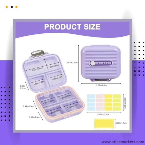 Travel Pill Organizer with Labels 7-Day Compact & Portable Case showing 7 compartments filled with vitamins and capsules