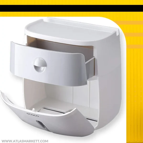 Waterproof Toilet Roll Holder with Cover & Storage Box showing built-in storage shelf