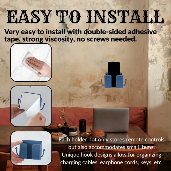 Wall mounted phone holder set with strong adhesive backing for easy installation