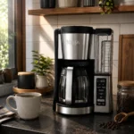 12-cup programmable drip coffee maker with glass carafe on a kitchen countertop