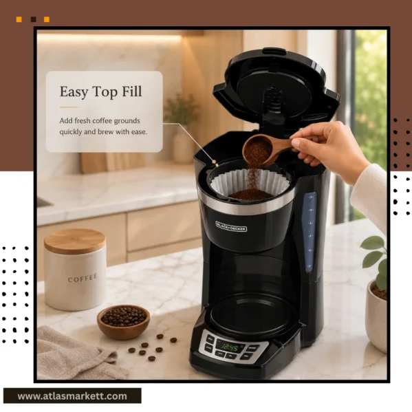 Black 12-cup coffee machine with Sneak-A-Cup feature in a small office kitchen