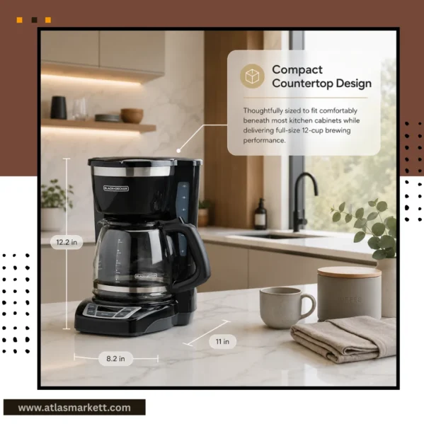 Compact 12-cup drip coffee maker designed for everyday home and office use