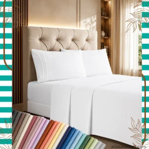 Complete Queen bed sheet set featuring breathable white microfiber bedding and matching pillowcases