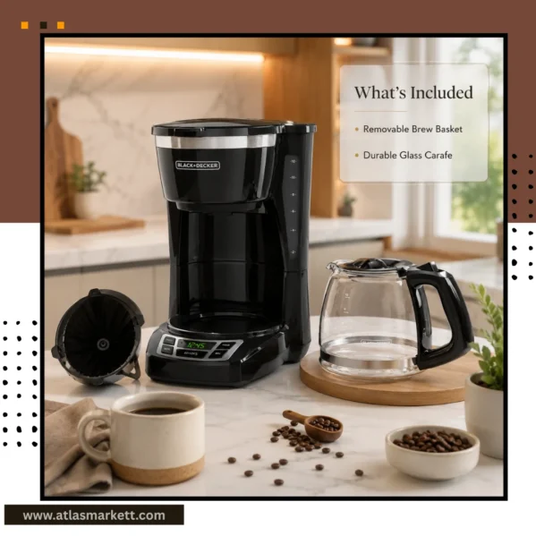 Drip coffee maker brewing fresh ground coffee for a family breakfast setup