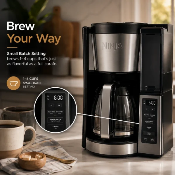 Home coffee machine with programmable timer and warming plate